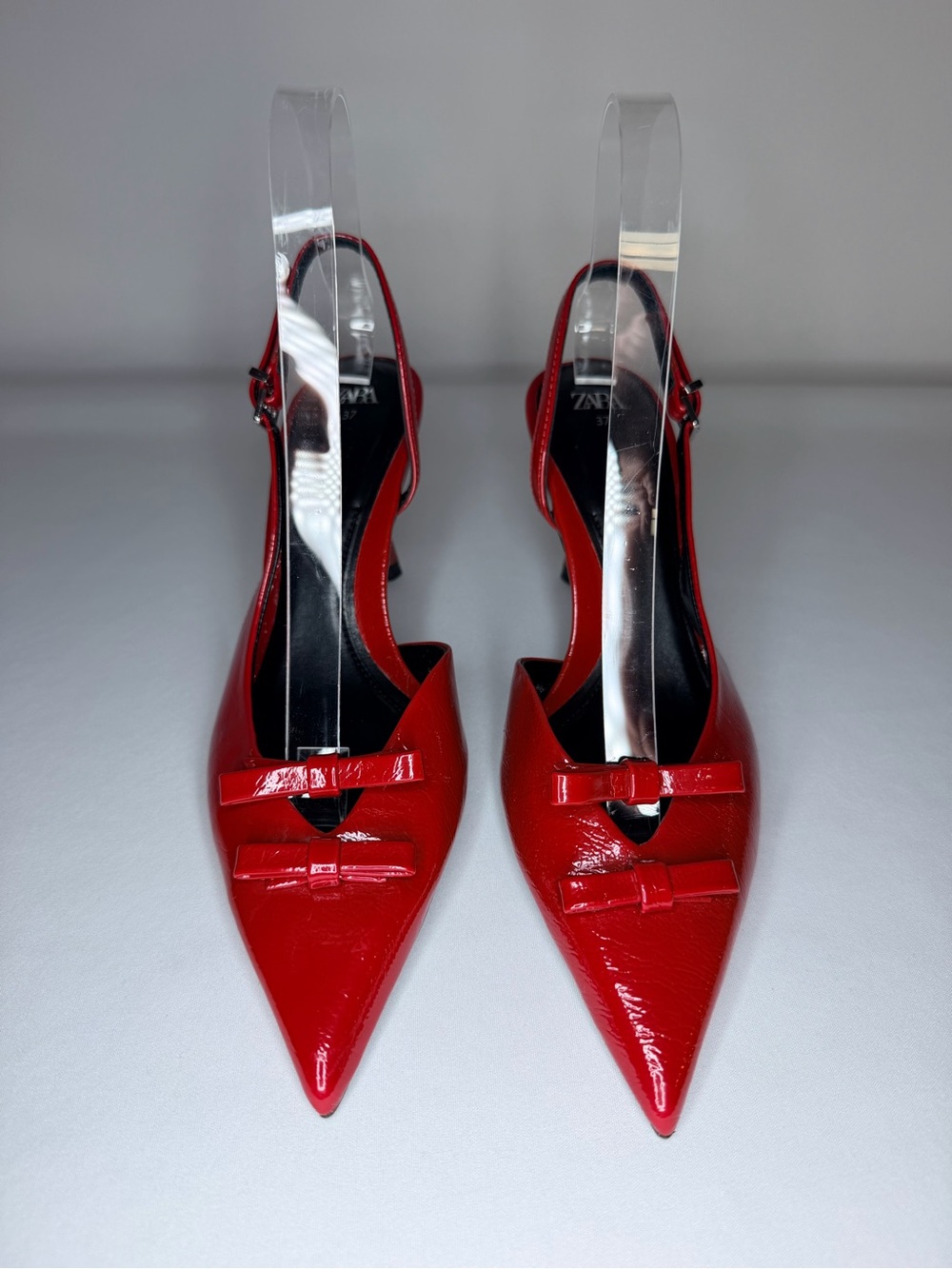 Zara Red Patent Pointed Slingback Heels with Bow Accent